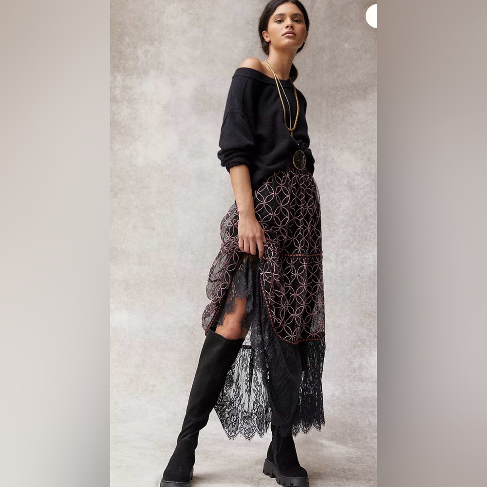 Anthropologie Tulle Maxi Skirt Lace Black  Embroidered Bohemian Emo Overlay S